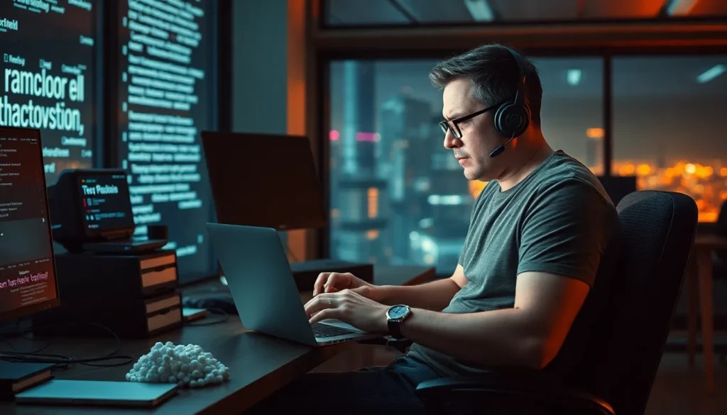 Profissional trabalhando à noite em um escritório, usando laptop e headset, com monitores exibindo códigos e gráficos ao fundo.