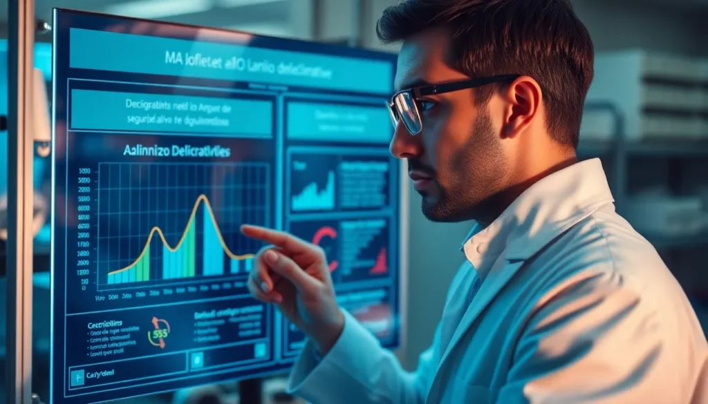 Cientista ou profissional de laboratório usando jaleco branco, interagindo com um monitor grande que exibe gráficos coloridos, tabelas e dados analíticos. Ele aponta para um gráfico com picos destacados, sugerindo análise de dados científicos ou tecnológicos em um ambiente de pesquisa avançada.