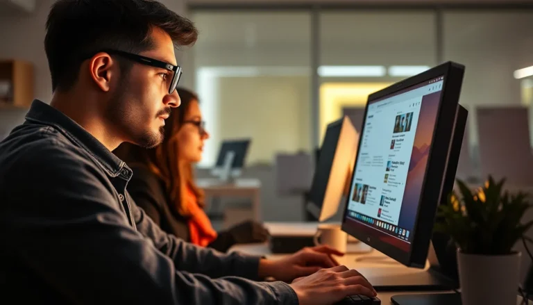 Homem em foco digitando em um computador de mesa em um escritório moderno e iluminado, com uma mulher desfocada ao fundo trabalhando em outro monitor. A tela principal exibe uma interface de busca ou rede social, indicando um ambiente profissional e colaborativo.