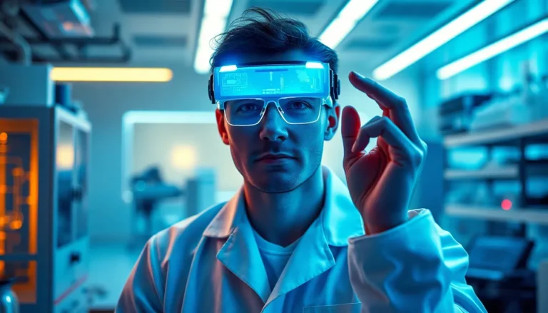 Pessoa em um laboratório de alta tecnologia usando óculos inteligentes com luzes azuis brilhantes. Ele está vestido com um jaleco branco, em um ambiente iluminado por tons de azul e equipamentos científicos ao fundo. O indivíduo está levantando uma mão como se estivesse interagindo com uma interface virtual.