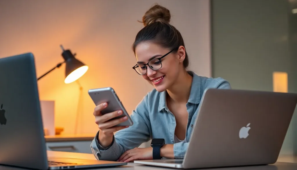 Mulher jovem em um escritório iluminado, sorrindo enquanto olha para seu celular. Ela está sentada entre dois laptops MacBook, destacando um ambiente de trabalho moderno e produtivo.