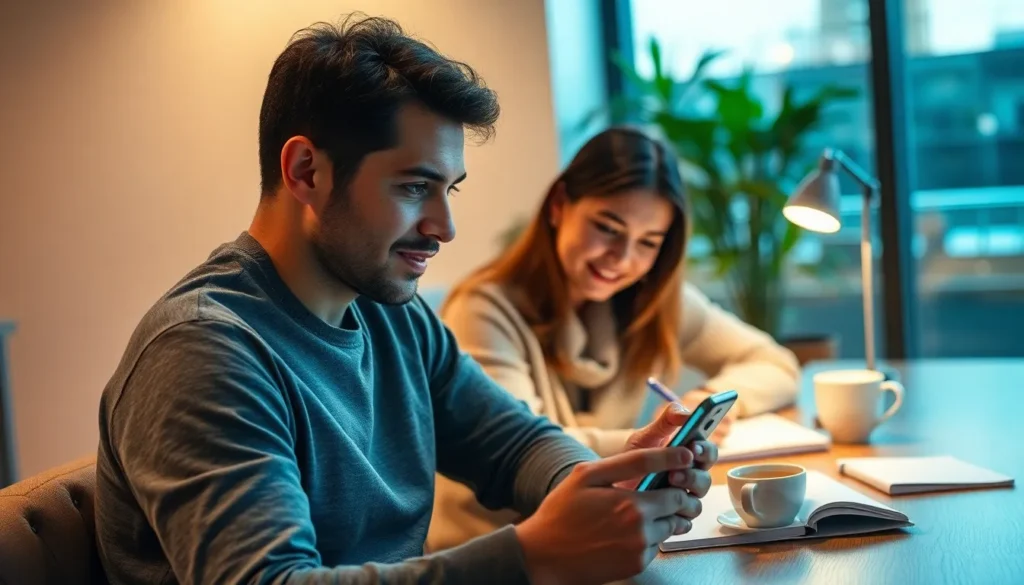 Homem segurando um smartphone e sorrindo enquanto olha para a tela, com uma mulher ao fundo escrevendo em um caderno e sorrindo. Ambos estão sentados em uma mesa com xícaras de café, livros e uma luminária, sugerindo um ambiente de estudo ou trabalho descontraído e colaborativo.