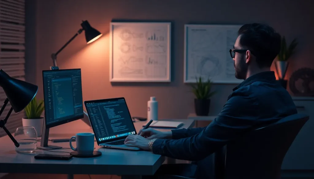 Homem sentado em um escritório escuro, iluminado por uma luminária, trabalhando em um ambiente com dois monitores. A tela do laptop e do monitor mostram códigos ou programação, enquanto o ambiente conta com gráficos decorativos nas paredes e plantas ao fundo, sugerindo um espaço de trabalho organizado e tecnológico.