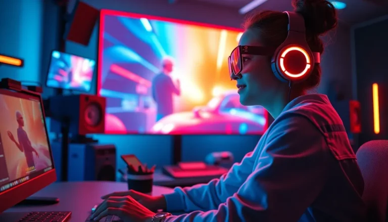 Pessoa usando headset de realidade virtual e trabalhando em um ambiente neon com jogos e gráficos interativos.