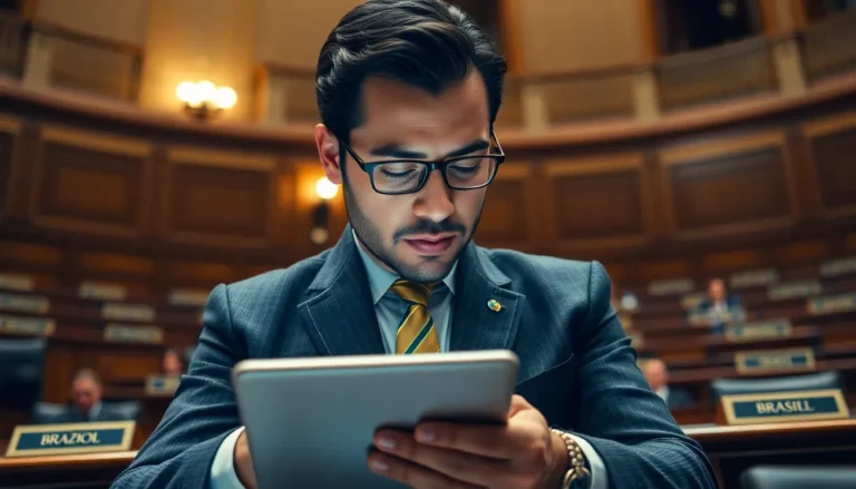 Senador em sessão parlamentar lendo informações em um tablet, com um ambiente formal ao fundo.