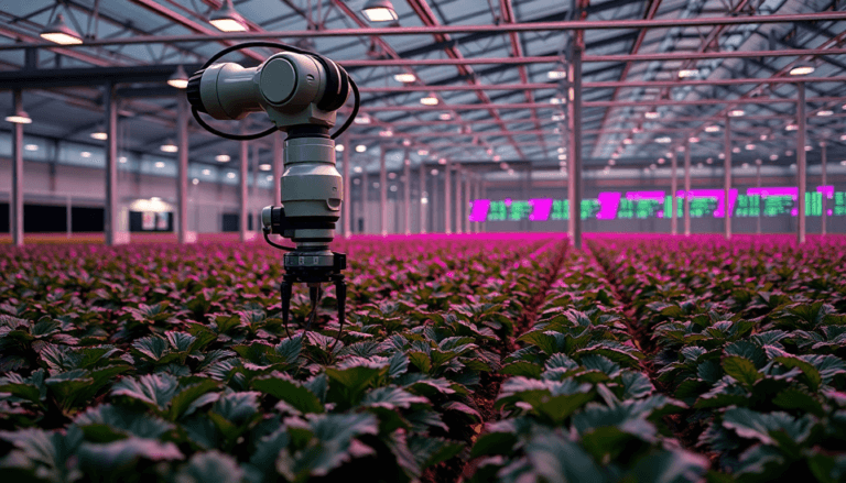 Um robô agrícola está posicionado em um campo de morangos dentro de uma estufa moderna. O ambiente é iluminado por luzes coloridas, predominando tons de rosa, que evidenciam as plantas verdes e saudáveis ao redor. No fundo, telas digitais exibem informações, sugerindo um uso avançado de tecnologia na agricultura.