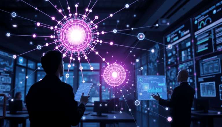 A imagem mostra um ambiente de trabalho moderno e tecnológico, com duas pessoas de pé, uma de costas e a outra de lado, interagindo com telas holográficas. A cena é iluminada por elementos visuais em forma de esferas e linhas conectivas, que parecem representar dados ou análises digitais. Ao fundo, várias telas exibem gráficos e informações, criando uma atmosfera dinâmica de computação e inovação.