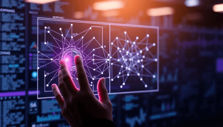 Uma mão humana toca uma interface digital interativa que exibe gráficos complexos e redes de dados. À esquerda, uma representação de um sistema de nós e conexões brilha em tons de roxo, com dados numéricos visíveis nas linhas que se entrelaçam. Ao fundo, uma tela mais ampla exibe informações adicionais e gráficos variados que sugerem análise e visualização de dados em tempo real. A iluminação suave destaca a profundidade dos elementos digitais, criando uma atmosfera futurista e tecnológica.