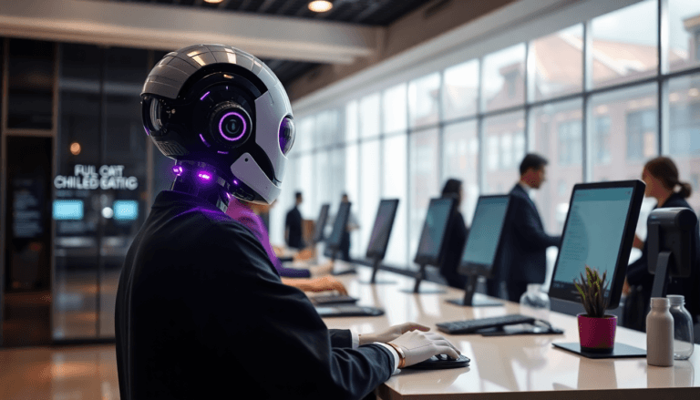 Um ambiente moderno de escritório onde um robô com um capacete futurista e recursos de luz está sentado em uma mesa usando um computador. Ao fundo, profissionais vestidos formalmente estão interagindo, trabalhando em estações de trabalho com monitores. O espaço é iluminado naturalmente por grandes janelas, proporcionando uma atmosfera contemporânea e tecnológica. Na mesa do robô, há um pequeno vaso com uma planta e frascos de vidro.