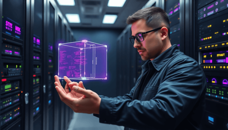 Um profissional de tecnologia, vestindo uma jaqueta escura e óculos, observa atentamente uma representação holográfica de um dispositivo eletrônico em suas mãos. O fundo apresenta uma sala de servidores com equipamentos tecnológicos e luzes coloridas, criando uma atmosfera futurista e digital.