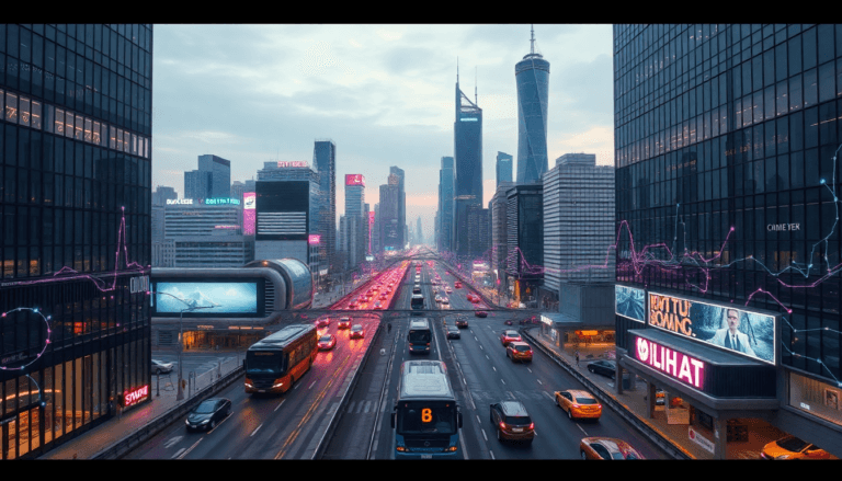 A imagem mostra uma vista panorâmica de uma grande cidade moderna, com arranha-céus altos e iluminação vibrante ao longo das ruas movimentadas. O tráfego é intenso, com carros e ônibus se deslocando em várias direções. Painéis publicitários digitais brilham, exibindo anúncios coloridos, enquanto a luz do amanhecer ilumina lentamente o céu, criando uma atmosfera dinâmica e urbana. Estruturas e edifícios contemporâneos dominam o horizonte, refletindo a modernidade da cidade.