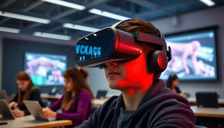 Um estudante usa um visor de realidade virtual em uma sala de aula moderna. O ambiente é iluminado por luzes artificiais e, ao fundo, há telas exibindo imagens digitais, possivelmente relacionadas ao aprendizado. Outros alunos estão sentados à mesa, utilizando tablets e concentrados em suas atividades. A atmosfera sugere um ambiente educacional inovador, onde a tecnologia é integrada ao processo de aprendizagem.