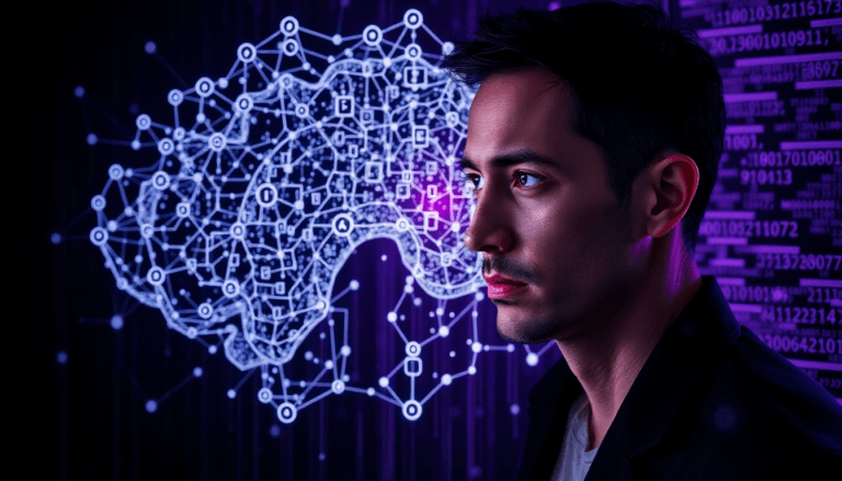 Um homem está posando em perfil, olhando intensamente para uma rede complexa de conexões digitais que se assemelha a um cérebro. O fundo é escuro, iluminado por luzes em tons de roxo e azul, destacando os circuitos e padrões de dados que flutuam no ar. A expressão do homem transmite concentração e profundo interesse, enquanto a imagem evoca uma sensação de tecnologia avançada e inovação.