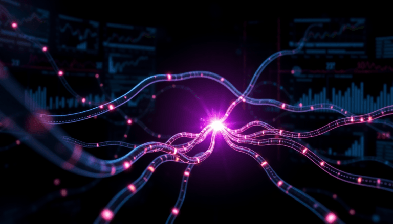 Visualização abstrata representando redes de dados, com linhas fluídas em tons de azul e rosa se entrelaçando. No centro, um ponto de luz brilhante emana uma iluminação intensa, enquanto ao fundo se destacam gráficos e informações financeiras em um ambiente escuro, sugerindo um tema de tecnologia e análise de dados.