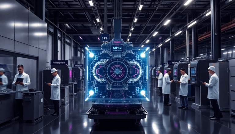 A imagem mostra um ambiente industrial moderno, iluminado por luzes brilhantes. No centro, há uma estrutura tecnológica holográfica, destacando um grande dispositivo com detalhes em azul e rosa. Ao redor, vários profissionais em trajes brancos de laboratório e bonés estão envolvidos em tarefas, alguns utilizando tablets e outros observando equipamentos que parecem equipamentos de pesquisa ou produção. O ambiente é amplo, com várias máquinas e monitores visíveis ao fundo, sugerindo um laboratório ou uma sala de controle avançada.