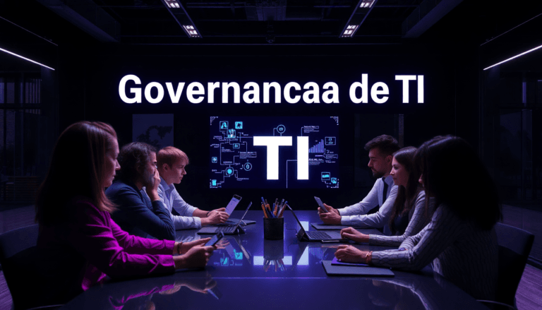 Em uma sala de conferências moderna e bem iluminada, um grupo de seis pessoas está reunido ao redor de uma mesa. Elas analisam dados enquanto utilizam laptops e dispositivos móveis. No fundo, uma tela exibe o título "Governança de TI" em letras grandes, acompanhadas de gráficos e ícones relacionados a tecnologia da informação. A atmosfera é de colaboração e foco, refletindo um ambiente de trabalho dedicado à discussão de estratégias em tecnologia.