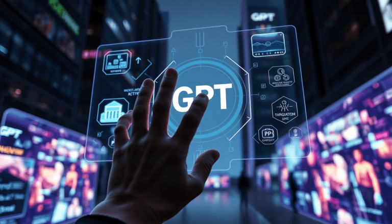 Uma mão se aproxima de uma interface holográfica que exibe a sigla "GPT" cercada por ícones e gráficos interativos. O ambiente parece futurista, com telas digitais ao fundo mostrando informações e imagens variadas, criando uma atmosfera de tecnologia avançada e inovação.