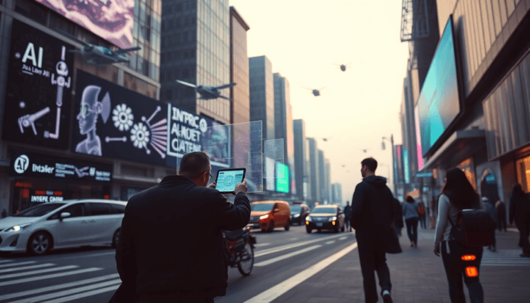 A imagem retrata uma cena urbana futurista, com um homem em primeiro plano segurando um dispositivo de tela transparente que exibe informações. Ao fundo, há grandes painéis publicitários digitais que promovem tecnologias, como inteligência artificial. O ambiente está movimentado, com veículos e pedestres percorrendo a rua, enquanto drones sobrevoam a área, criando uma atmosfera moderna e tecnológica. O céu se apresenta em tons suaves, indicando o entardecer.