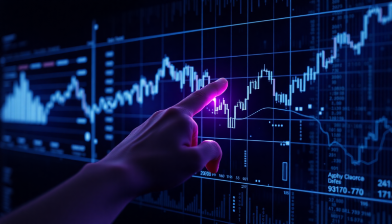 Uma mão toca com um dedo uma tela exibindo gráficos financeiros. Os gráficos mostram variações de preços ao longo do tempo, com barras e linhas que ilustram tendências de mercado. A iluminação é em tons de azul e roxo, criando um efeito moderno e tecnológico.