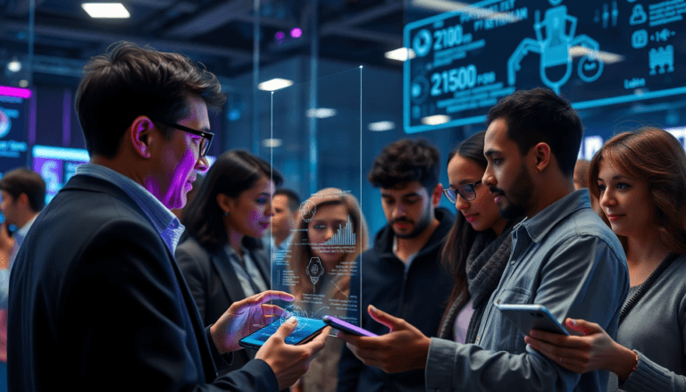 Um grupo de pessoas observa atentamente um apresentador que interage com uma tela holográfica mostrando gráficos e dados analíticos. Os participantes, de diferentes idades e etnias, seguram dispositivos móveis e parecem interessados nas informações apresentadas. O ambiente é moderno, com telas digitais brilhantes ao fundo, criando uma atmosfera tecnológica e inovadora.