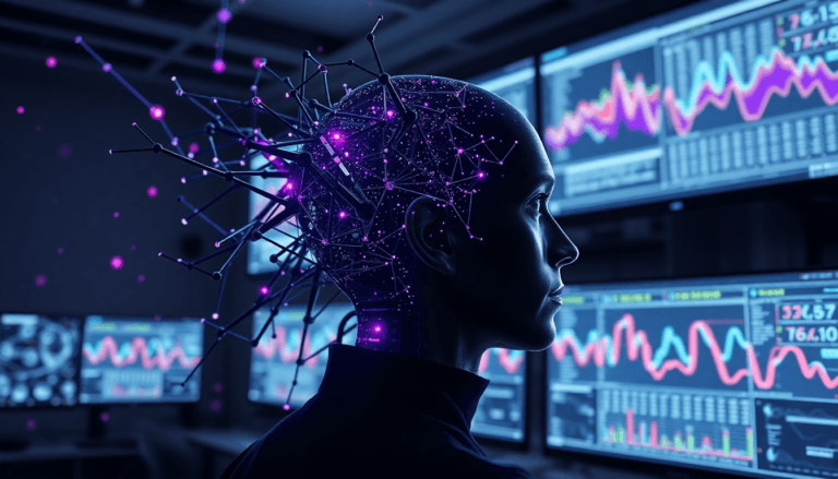 A imagem mostra uma figura humanoide com uma cabeça composta de uma rede de filamentos e elementos brilhantes, iluminados em tons de azul e roxo. Ao fundo, diversos monitores exibem gráficos e dados, criando um ambiente que sugere uma conexão entre tecnologia avançada e análise de informações. A cena evoca um clima futurista, refletindo a simbiose entre o ser humano e a inteligência artificial.