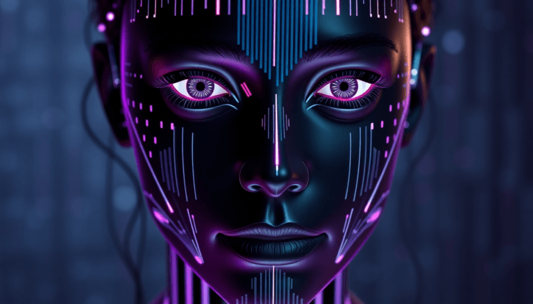 Imagem de um rosto humanoide futurista com uma pele metálica, iluminada por linhas e padrões em tons de azul e rosa. Os olhos são grandes e expressivos, com um brilho intenso, e o fundo apresenta uma textura difusa em um ambiente tecnológico. A síntese de elementos digitais sugere uma interseção entre a estética humana e robótica.