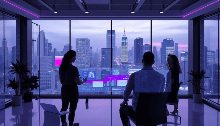 A imagem mostra uma cena moderna de escritório com grandes janelas que oferecem uma vista panorâmica de um horizonte urbano. A luz do crepúsculo ilumina os arranha-céus, criando um ambiente tranquilo. Três pessoas estão presentes: duas de costas para a câmera, uma com um laptop ao lado, enquanto a terceira, de frente, gesticula enquanto apresenta dados em um display digital interativo, que inclui gráficos e informações visuais. Plantas decorativas em vasos adicionam um toque de natureza ao ambiente de trabalho.