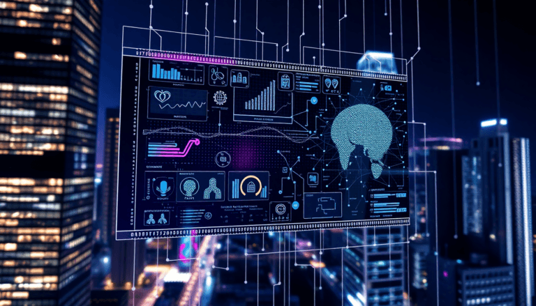 Texto alternativo: Um painel digital flutuante exibe gráficos, ícones e dados relacionados à saúde e tecnologia, incluindo informações sobre padrões de dados, gráficos de crescimento e representações visuais de redes. O fundo mostra um skyline urbano iluminado à noite, destacando a fusão entre tecnologia e ambiente urbano.