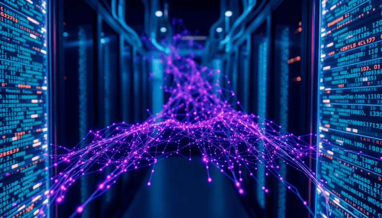 Imagem de um ambiente de servidor com prateleiras de equipamentos de TI. No centro, um feixe de luz roxa conecta visualmente pontos brilhantes, simbolizando a transferência de dados. À direita, painéis exibem códigos e informações em um fundo azul, criando uma atmosfera tecnológica e futurista.