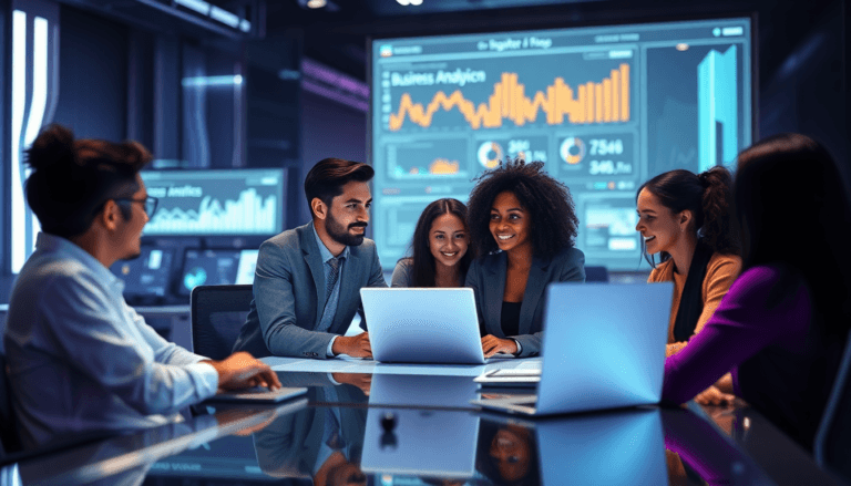 Um grupo de seis profissionais em um ambiente de escritório moderno, discutindo em torno de uma mesa. Eles observam apresentações em um laptop, enquanto gráficos e dados de negócios são exibidos em uma tela grande ao fundo. A atmosfera é colaborativa e engajada, com sorrisos e expressões de interesse entre os participantes. A iluminação é suave, destacando a tecnologia e o ambiente de trabalho.