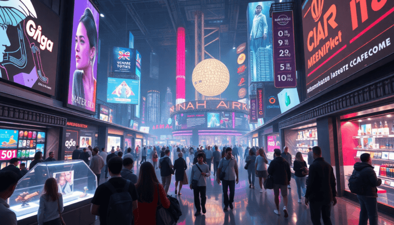 A imagem apresenta uma cena vibrante de um espaço urbano moderno e lotado. Diversas pessoas caminham por um corredor amplo, rodeados por grandes painéis publicitários iluminados com cores brilhantes. É possível notar uma grande esfera luminosa suspensa no centro da área, cercada por telas exibindo anúncios e informações. As vitrines de lojas ao longo do caminho são visíveis, exibindo produtos variados, enquanto um misto de estilos e expressões entre os transeuntes sugere um ambiente dinâmico e contemporâneo. A atmosfera é animada, criando uma sensação de movimento e diversidade.