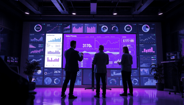 Três profissionais de negócios estão em frente a uma grande parede de telas exibindo gráficos e dados analíticos em tons de roxo e azul. Um deles está interagindo com uma tela, enquanto os outros dois observam atentamente. As informações exibidas incluem métricas de vendas, gráficos de desempenho e indicadores financeiros, criando um ambiente de trabalho moderno e tecnológico. A sala é bem iluminada, destacando o foco no monitoramento e análise de dados para tomada de decisões.