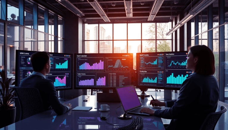 Um ambiente de escritório moderno, com duas pessoas sentadas em frente a múltiplos monitores exibindo gráficos e dados analíticos. Há uma grande janela ao fundo, permitindo a entrada de luz natural e proporcionando uma vista da cidade. Uma xícara de café e um laptop estão sobre a mesa, enquanto uma das pessoas toma notas. O ambiente é iluminado por um pôr do sol que cria um tom aveludado.