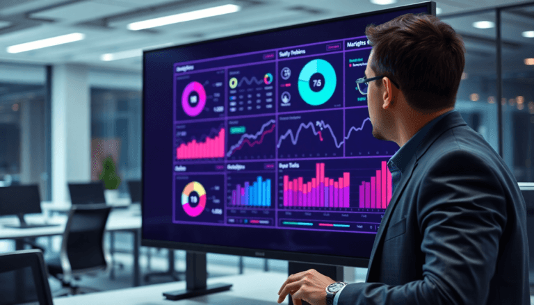 Um profissional em um escritório moderno analisa um grande monitor exibindo gráficos e dados analíticos coloridos. O ambiente é bem iluminado, e várias mesas de trabalho são visíveis ao fundo. O homem, vestido com um terno escuro e óculos, está concentrado nas informações apresentadas, que incluem métricas de desempenho e indicadores visuais de análise.