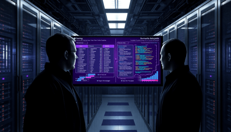 Duas figuras humanas de costas estão em frente a uma tela grande em um ambiente de servidor. A tela exibe dados complexos e gráficos coloridos, com uma interface que parece relacionada à análise de dados. Ao fundo, pode-se ver fileiras de servidores, iluminados por uma luz azulada, criando uma atmosfera tecnológica e futurista. A cena sugere um trabalho de monitoramento ou análise intensiva de informações em um data center.