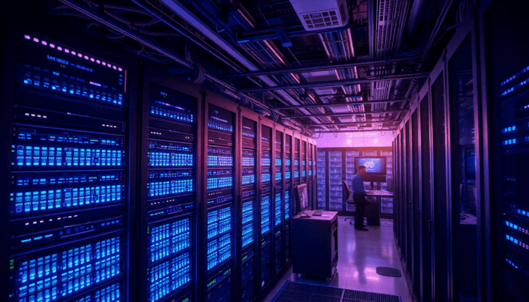 Texto alternativo: Um ambiente de data center com várias fileiras de servidores digitais iluminados em tons de azul e roxo. Um profissional está em pé, concentrado em um monitor, enquanto um carrinho de equipamentos está próximo. Cabos e aparelhos de refrigeração estão visíveis no teto, criando uma atmosfera moderna e tecnológica.