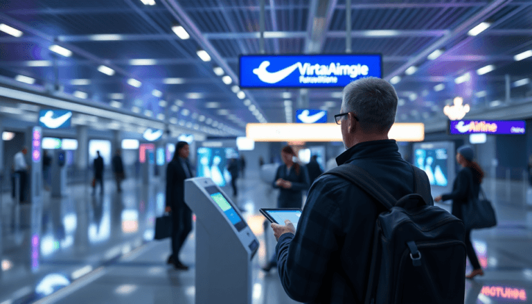 Um homem de cabelos grisalhos, usando óculos e uma jaqueta escura, está de costas, olhando para um tablet em suas mãos. Ao fundo, vê-se um terminal de aeroporto moderno, com sinalização luminosa de companhias aéreas e painéis interativos. Outras pessoas, vestindo trajes variados, circulam pelo local, criando um ambiente movimentado. A iluminação é suave e futurista.