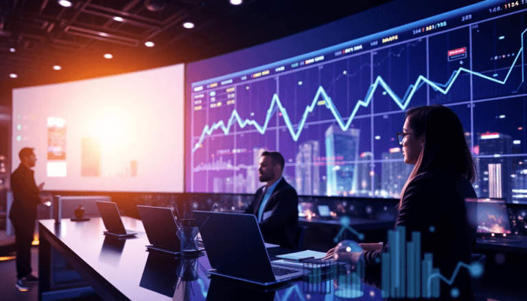 Em uma sala de conferência moderna, um grupo de profissionais está reunido em torno de uma mesa elegante, onde laptops estão abertos. Na parede atrás deles, um grande display exibe gráficos de dados financeiros em ascensão, refletindo um ambiente de negócios dinâmico. A luz suave e vibrante do pôr do sol entra pela janela, criando uma atmosfera inspiradora enquanto um dos participantes apresenta informações aos colegas, focados e atentos.