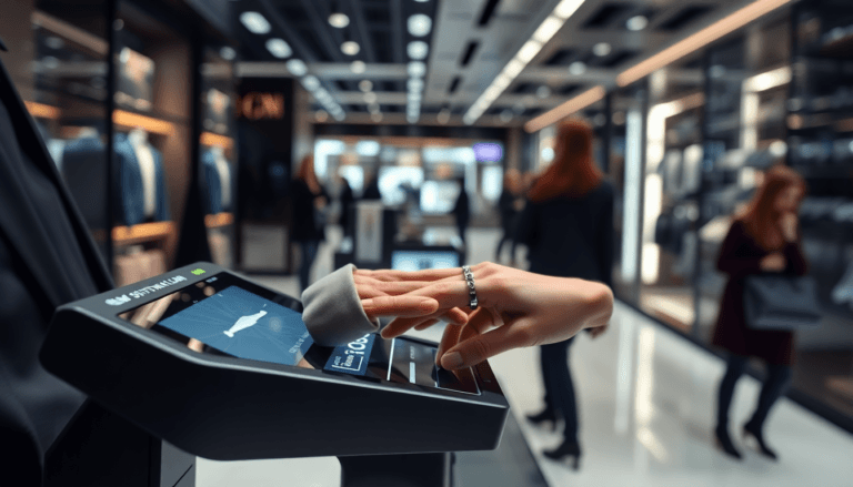 Uma mão com um anel prateado toca uma tela sensível ao toque, que exibe informações e ícones gráficos. Ao fundo, um ambiente de loja moderna, com manequins vestindo roupas elegantes e outras pessoas que circulam. A luz é suave, destacando os produtos expostos nas prateleiras.