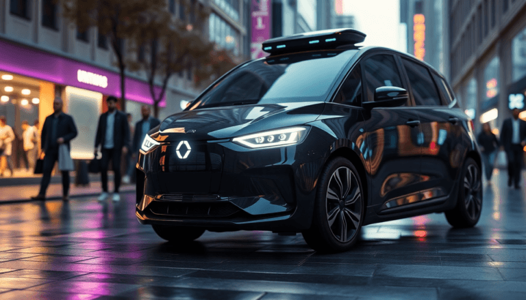 Imagem de um carro elétrico moderno da marca Renault, com design elegante e detalhes em preto brilhante. Ele está estacionado em uma rua comercial movimentada, refletem as luzes coloridas das vitrines no chão molhado, enquanto pessoas atravessam a calçada ao fundo. O carro possui um equipamento especial no teto, sugerindo que pode ser utilizado para serviços urbanos, como transporte ou entrega.