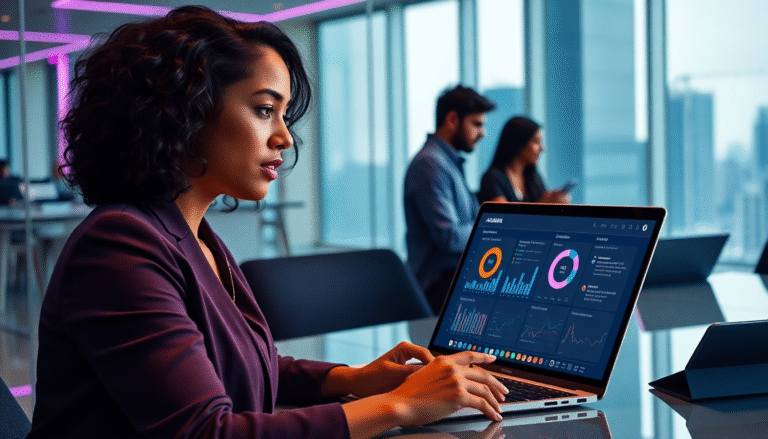 Uma mulher com cabelo cacheado está sentada em uma mesa moderna, concentrada em seu laptop, que exibe gráficos e dados em um painel digital. Ao fundo, outras duas pessoas trabalham em suas próprias telas, enquanto a luz suave e colorida da sala reflete um ambiente moderno e profissional. Grandes janelas oferecem uma vista panorâmica da cidade.