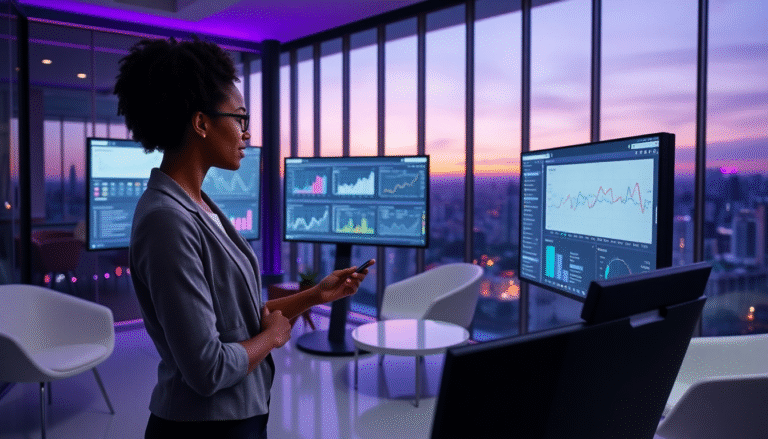 Uma profissional com cabelo cacheado e óculos observa gráficos e dados em telas digitais em um escritório moderno. O ambiente possui grandes janelas que revelam uma vista panorâmica da cidade ao entardecer, com luzes e um céu colorido ao fundo. Ela segura um celular e parece concentrada na análise das informações exibidas nas telas. O espaço é iluminado suavemente, destacando sua presença e o ambiente tecnológico.