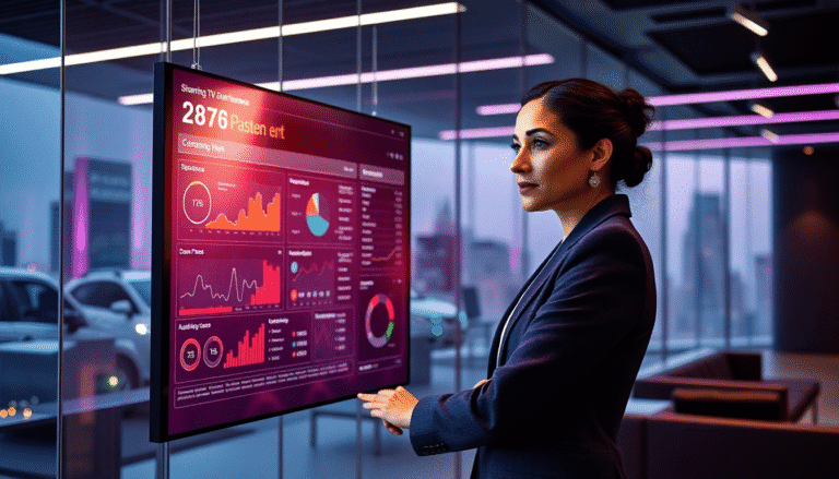 Uma mulher de negócios, vestindo um terno elegante, observa atentamente um grande display digital que exibe gráficos e dados de desempenho em um ambiente corporativo moderno. O fundo revela uma vista urbana ao entardecer, com luzes de edifícios e um céu que mistura tons de roxo e azul. A tela mostra indicadores digitais, incluindo estatísticas de vendas, gráficos de tendências e métricas de desempenho, indicando a análise de dados em tempo real.