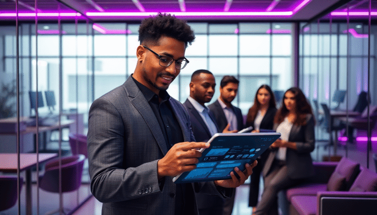 Uma equipe de profissionais em um ambiente de escritório moderno e bem iluminado. Um homem em um terno escuro está olhando para um tablet, analisando dados ou gráficos. Ao fundo, outros membros da equipe observam e interagem, todos vestidos com roupas formais. O escritório possui painéis de vidro e uma decoração contemporânea, com iluminação em tons de roxo, criando uma atmosfera dinâmica e colaborativa.