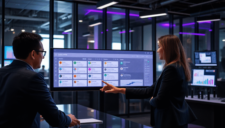 No ambiente moderno e corporativo, um homem e uma mulher discutem em frente a uma tela grande que exibe um painel de controle digital. A mulher, vestindo um blazer, aponta para a tela enquanto explica algo, enquanto o homem, usando óculos e um terno, observa atentamente. O fundo apresenta um escritório bem iluminado, com telas adicionais exibindo gráficos e dados, criando uma atmosfera de análise e colaboração.