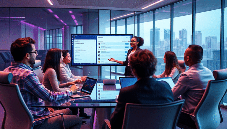 Uma mulher está apresentando em uma sala de reunião moderna, com uma tela digital ao fundo exibindo informações de um aplicativo. Em volta da mesa, várias pessoas observam atentamente, algumas utilizando laptops. A sala possui grandes janelas com vista para a cidade e uma iluminação com tons de rosa, criando uma atmosfera contemporânea e colaborativa.