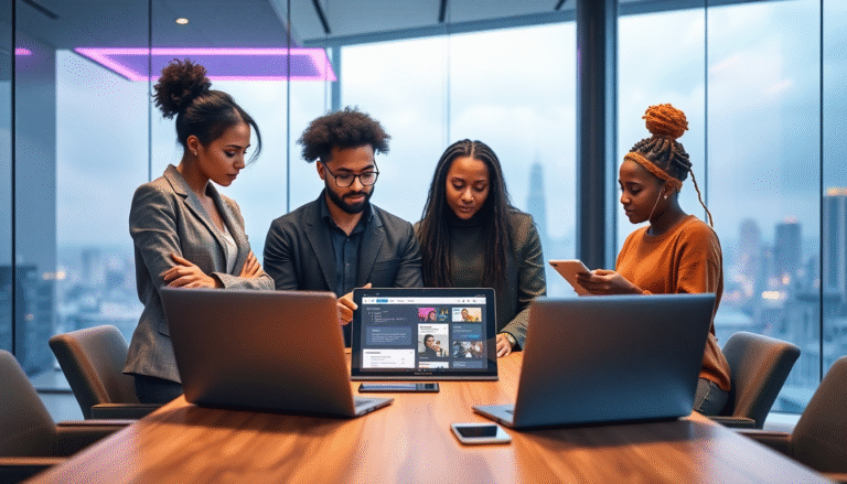 Texto alternativo: Quatro pessoas de diferentes etnias estão em uma reunião em um ambiente de escritório moderno. Elas estão inclinadas sobre uma mesa, observando um laptop exibindo informações na tela. Dois laptops e um smartphone estão visíveis na mesa. A sala tem grandes janelas com vista para uma cidade, e a iluminação é suave, com um toque de cor nas luzes do teto. As pessoas parecem concentradas e engajadas na discussão.
