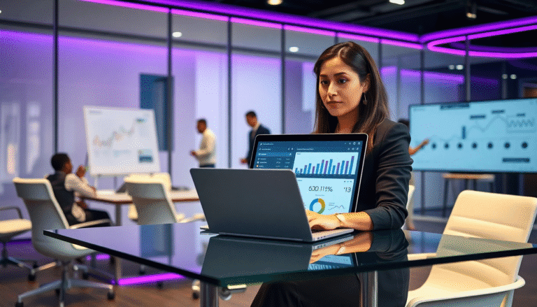 Uma mulher está sentada em uma mesa moderna de escritório, trabalhando em um laptop que exibe gráficos e dados financeiros. Ao fundo, há uma apresentação em um painel e outras pessoas participando de uma reunião. O ambiente é iluminado por luzes roxas, criando um clima contemporâneo e profissional.