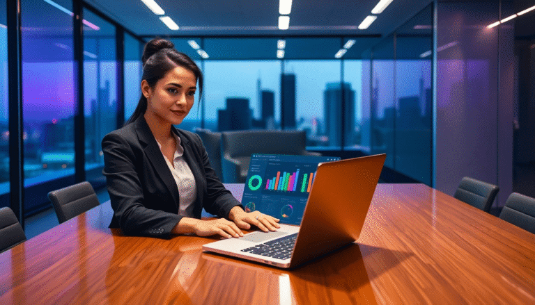 Uma mulher em um ambiente de escritório moderno, sentada à mesa de madeira em uma sala de reuniões. Ela está vestida com um terno escuro e usa um top claro. Na frente dela, um laptop exibe gráficos coloridos e dados analíticos. Ao fundo, grandes janelas mostram uma vista da cidade em um crepúsculo iluminado, com edifícios e luzes da cidade visíveis. A iluminação dá um toque sofisticado ao ambiente.