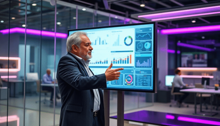 Um homem de cabelos grisalhos, vestido com um terno escuro e camisa clara, está em pé diante de um grande display digital que exibe gráficos e dados analíticos. Ele gesticula com a mão esquerda enquanto apresenta informações, e seu rosto demonstra confiança e envolvimento. Ao fundo, é possível ver outras pessoas trabalhando em um ambiente moderno de escritório, com iluminação em tons de roxo.